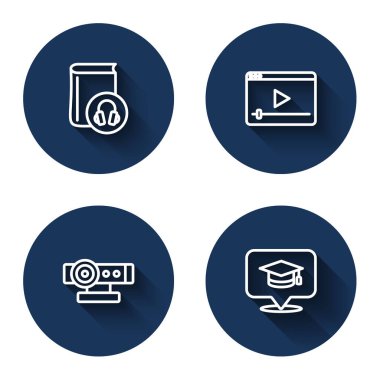 Çevrimiçi Ses Kitabı, Online oyun videosu, Web kamerası ve uzun gölgeli mezuniyet konuşma balonu ayarla. Mavi daire düğmesi. Vektör