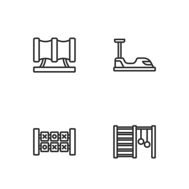 İsveç duvarı, eğitim mantığı oyunu, çocuk parkı kaydırak borusu ve çarpışan araba ikonu. Vektör
