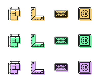 Elektrik prizi, ev planı, köşe cetveli ve ikonu ayarla. Vektör