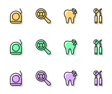 Kırık diş ipi, diş ipi, arama ve ayna ve sonda simgesi. Vektör