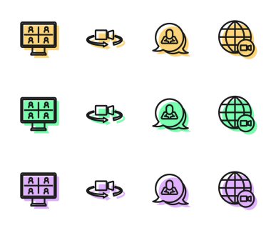 Konuşma baloncuğu sohbetini, video konferansını, 360 derecelik görüntü ve simgeyi ayarla. Vektör