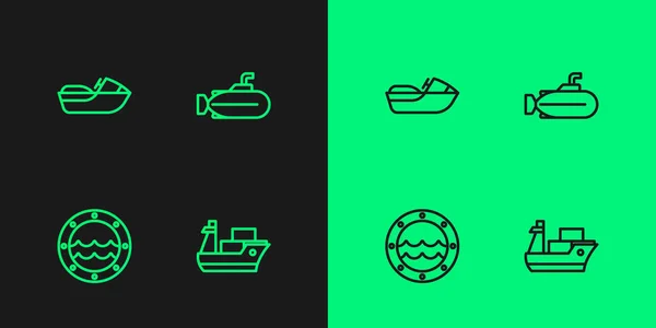 Nastavte Liniovou Nákladní Loď Lodní Okénko Vodní Skútr Ikonu Ponorky — Stockový vektor