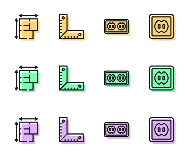Nastavte Vedení Elektrické Zásuvky Dům Plán Roh Pravítko Ikona Vektor — Stockový vektor