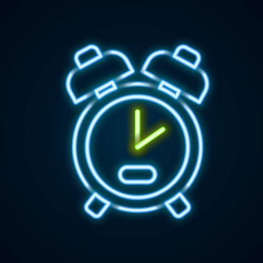 Parlayan neon hattı alarm saati simgesi siyah arkaplanda izole edildi. Uyan, kalk konsepti. Zaman işareti. Renkli taslak konsepti. Vektör