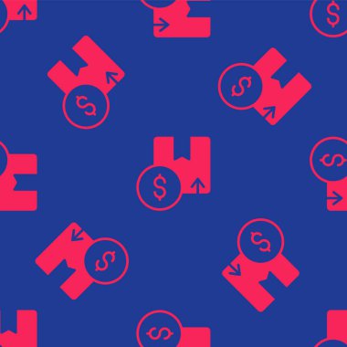 Kırmızı karton kutu simgesi mavi arkaplanda izole edilmiş kusursuz desen. Kutu, paket, paket işareti. Teslimat ve ambalaj. Vektör