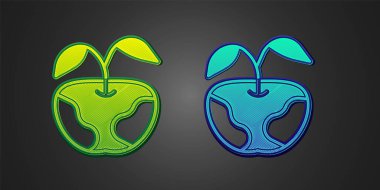 Siyah arkaplanda yeşil ve mavi Apple simgesi izole edildi. Fazla kilolu. Sağlıklı diyet menüsü. Fitness diyeti elması. Vektör