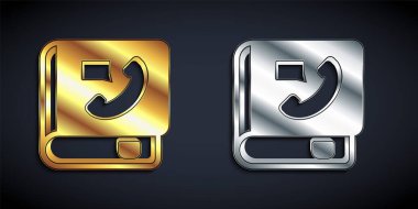 Altın ve gümüş telefon rehberi simgesi siyah arkaplanda izole edilmiş. Adres defteri. Telefon rehberi. Uzun gölge tarzı. Vektör