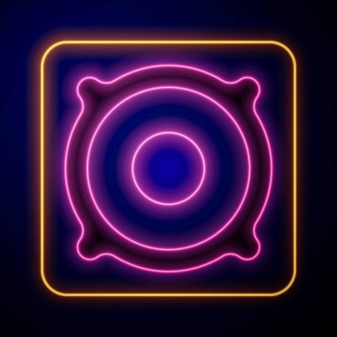 Parlayan neon ses sistemi hoparlörü simgesi siyah arkaplanda izole edildi. Ses sistemi hoparlörleri. Müzik ikonu. Müzikal sütun hoparlörü. Vektör