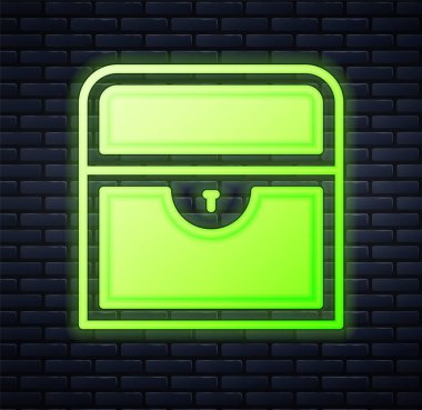 Parlayan neon renkli hazine sandığı simgesi tuğla duvar arkasında izole edilmiş. Altın sikkeli klasik tahta sandık. Vektör