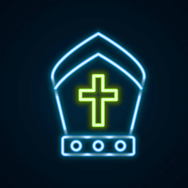 Glödande Neon Linje Påve Hatt Ikon Isolerad Svart Bakgrund Kristet — Stock vektor