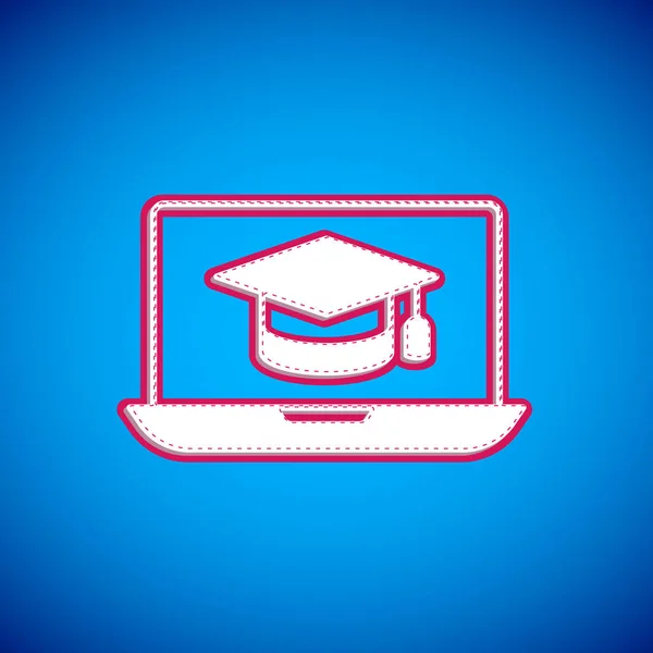 Witte Graduation Cap Scherm Laptop Pictogram Geïsoleerd Blauwe Achtergrond Online — Stockvector