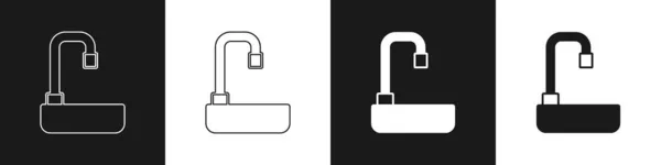 黒と白の背景に水タップアイコンで洗面台を設定します ベクトル — ストックベクタ