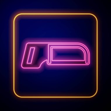 Parlayan neon testeresi simgesi siyah arkaplanda izole edildi. Tahta ve metal testeresi. Vektör