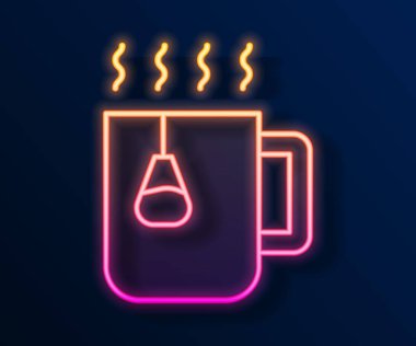 Siyah arka planda izole edilmiş çay poşeti ikonu olan parlak neon çizgili bir fincan çay. Vektör