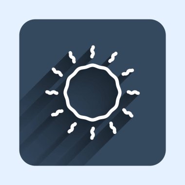 Beyaz çizgi Sun simgesi uzun gölge arkaplanı ile izole edildi. Mavi kare düğme. Vektör