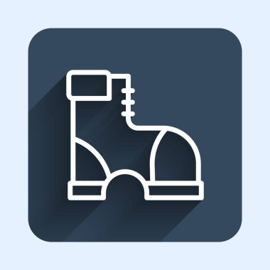 Beyaz çizgi Hunter çizme simgesi uzun gölge arkaplan izole. Mavi kare düğme. Vektör