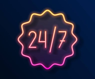 Parlayan neon hattı Saat 24 saat simgesi siyah arkaplanda izole edildi. Tüm gün döngü simgesi. 24 saat hizmet sembolü. Vektör