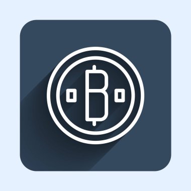 Beyaz çizgi kripto para birimi Bitcoin simgesi uzun gölge arkaplan izole. Madeni para. Engelleme zinciri tabanlı şifreli para birimi. Mavi kare düğme. Vektör