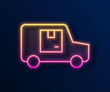 Parlayan neon hattı kargo kamyonu ikonu siyah arka planda izole edildi. Vektör