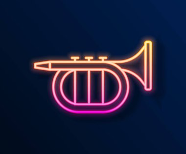 Parlayan neon hattı Trompet simgesi siyah arkaplanda izole edildi. Müzik aleti. Vektör