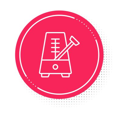 Beyaz çizgi Klasik Metronom, sarkaçlı hareket simgesi beyaz arkaplanda izole. Müzik ve ritim mekanizması. Kırmızı daire düğmesi. Vektör