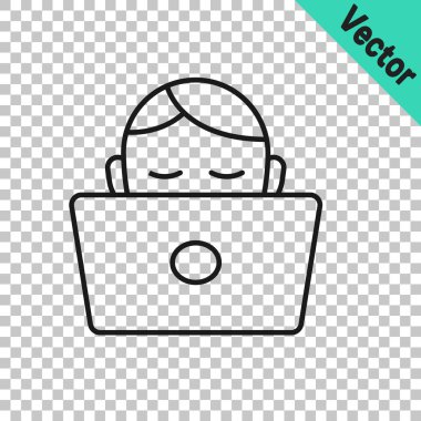 Laptop simgesinde çalışan siyah çizgi öğrencisi şeffaf arkaplanda izole edildi. İş yeri konsepti. Vektör