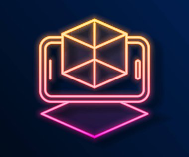 Parlayan neon hattı 3D modelleme simgesi siyah arkaplanda izole edildi. Artırılmış gerçeklik mi yoksa sanal gerçeklik mi? Vektör