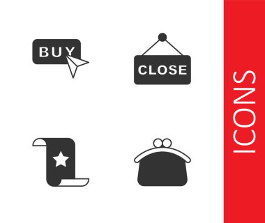 Cüzdan, Satın Alma düğmesi, Çek ve Mali Kontrol ve Kapalı metin simgesi ile Asılma tabelasını ayarla. Vektör