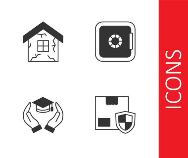 Kalkan, Ev, Eğitim Bursu ve Güvenli ikon ile teslimat güvenliğini sağlayın. Vektör