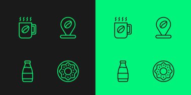 Donut, süt şişesi, kahve fincanı ve kahve çekirdeği ikonlu yer. Vektör