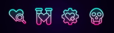 Kalp muayenesi, kan testi tüpü, kalp çapraz ve kafatası testleri yapılsın. Parlayan neon ikonu. Vektör