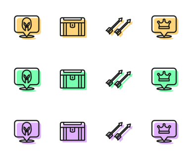 Orta Çağ okları, miğfer, antika hazine sandığı ve kral taç ikonu. Vektör