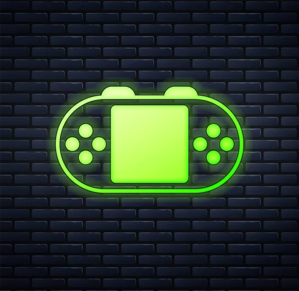 Glowing Neon Portable Video Game Console Icon Isolated Brick Wall — Stock Vector