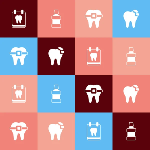 Set Pop Art Calendar Con Dientes Enjuague Bucal Ortodoncia Icono — Archivo Imágenes Vectoriales