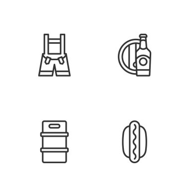 Hotdog sandviçi, metal bira fıçısı, Lederhosen ve bira şişesi ahşap fıçı ikonu. Vektör