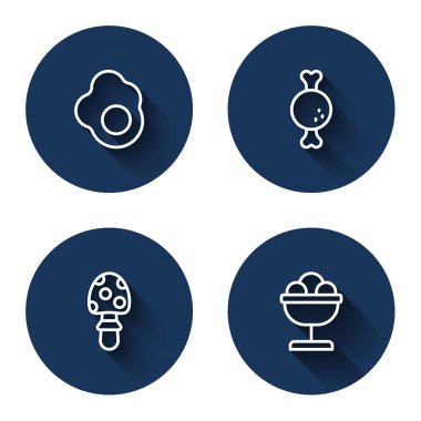 Sabit hat, omlet, tavuk budu, sineklik mantarı ve uzun gölgeli dondurma. Mavi daire düğmesi. Vektör