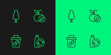 Plastik şişe, çöp tenekesi, ağaç ve elma ikonu. Vektör