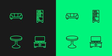 Satır TV masası standı, Yuvarlak, Kanepe ve Kütüphane kitaplığı simgesi ayarla. Vektör