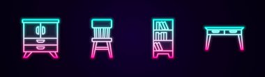 Sandık Çekmecesi, Sandalye, Kütüphane kitaplığı ve ofis masası. Parlayan neon ikonu. Vektör