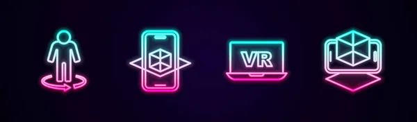 Stel Lijn Modellering Virtual Reality Een Gloeiend Neon Icoon Vector — Stockvector