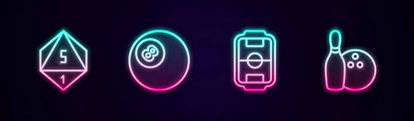 设置线骰子 保龄球别针和台球 发光的霓虹灯图标 — 图库矢量图片
