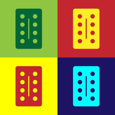 Popüler sanat hapları renkli arka planda izole edilmiş su toplayıcı ikonunda. İlaç paketi. Tablet, vitamin, antibiyotik, aspirin. Vektör İllüstrasyonu.