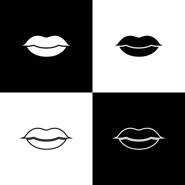 Set Smiling Lips Icon Isolated Black White Background Smile Symbol — Stock Vector
