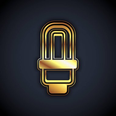 Altın LED ampul simgesi siyah arkaplanda izole edildi. Ekonomik LED ışıklı ampul. Enerji lambasını sakla. Vektör