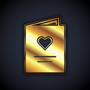 Siyah arkaplanda kalp ikonu olan altın kartpostal. Mesaj aşkım. Aşk ve romantizm mektubu. Vektör