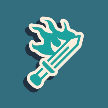 Yeşil Kılıç yeşil arkaplanda izole edilmiş oyun simgesi. Uzun gölge tarzı. Vektör