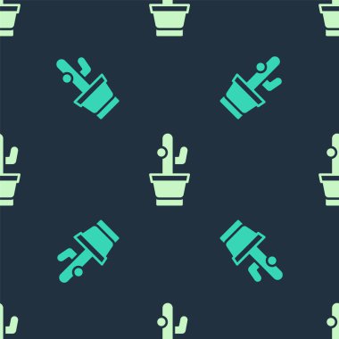 Yeşil ve bej kaktüs ve tencere ikonunda sulu mavi arka planda izole edilmiş pürüzsüz desen. Tencerede yetişen bir bitki. Saksı bitkisi işareti. Vektör
