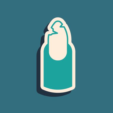 Yeşil arka planda yeşil kırılan tırnak simgesi izole edildi. Tırnağı çatlamış. Uzun gölge tarzı. Vektör