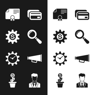 Büyüteç, dolar sembollü teçhizat, sertifika şablonu, kredi kartı, zaman yönetimi ve megafon simgesi. Vektör