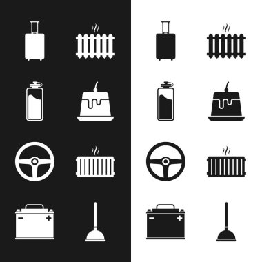 Puding, su şişesi, seyahat valizi, ısıtma radyatörü, direksiyon simidi ve ikonu hazırla. Vektör